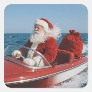 Weihnachtsmann liefert Geschenke per Schnellboot Quadratischer Aufkleber