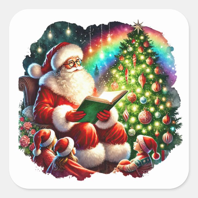Weihnachtsmann liest Geschichten vom Weihnachtsbau Quadratischer Aufkleber (Vorderseite)
