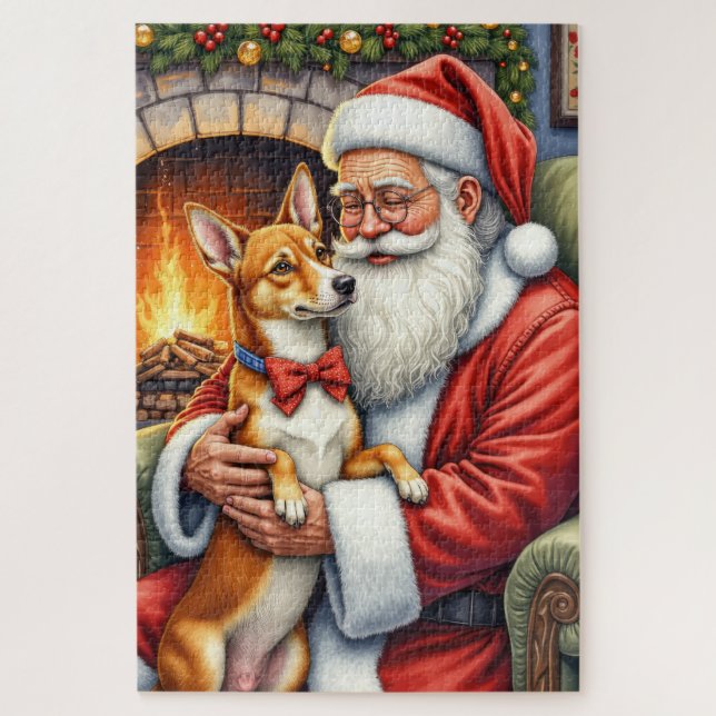 Weihnachtsmann mit Basenji-Weihnachtskunst (Vertikal)