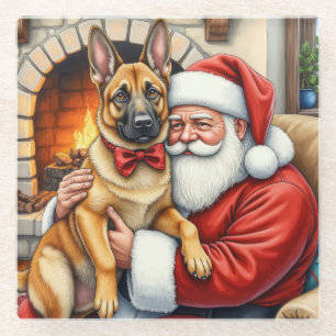 Weihnachtsmann mit belgischem Malinois-Christkunst Glasuntersetzer