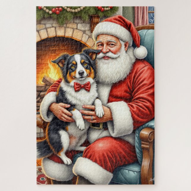 Weihnachtsmann mit Border Collie - Weihnachtskunst (Vertikal)