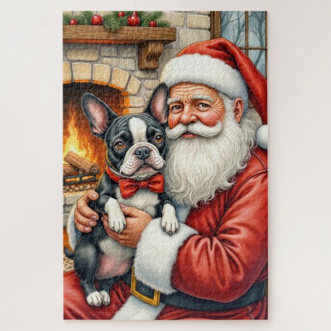 Weihnachtsmann mit Boston Terrier Weihnachtskunst (Vertikal)