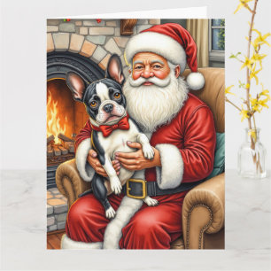 Weihnachtsmann mit Boston Terrier Weihnachtskunst Karte