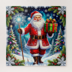 Weihnachtsmann mit einem Geschenk inmitten einer m