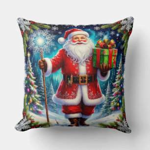 Weihnachtsmann mit einem Geschenk inmitten einer w Kissen