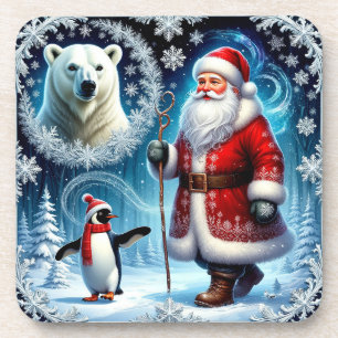 Weihnachtsmann mit Eisbär und Pinguin Getränkeuntersetzer