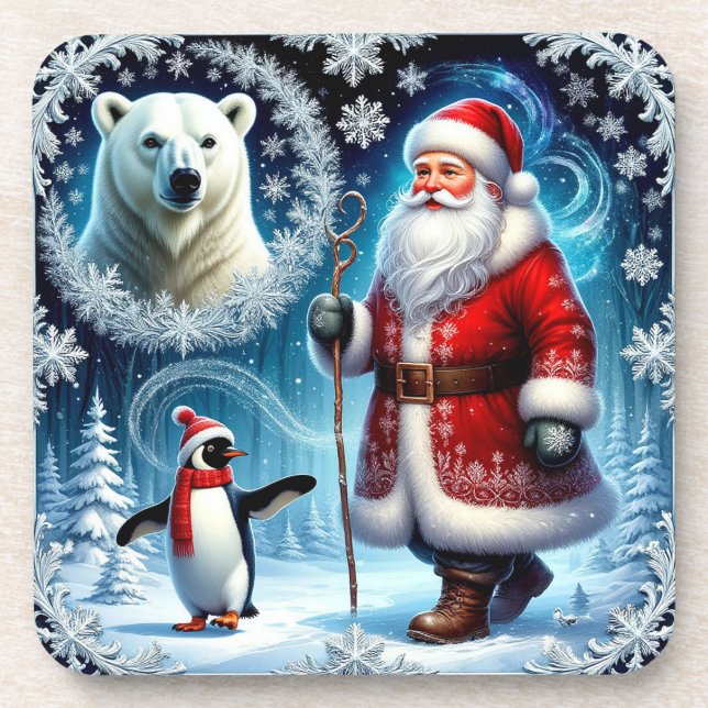 Weihnachtsmann mit Eisbär und Pinguin Getränkeuntersetzer (Vorderseite)