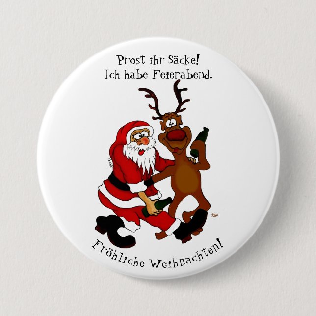 Weihnachtsmann mit Elch - Frohe Weihnachten Button (Vorderseite)