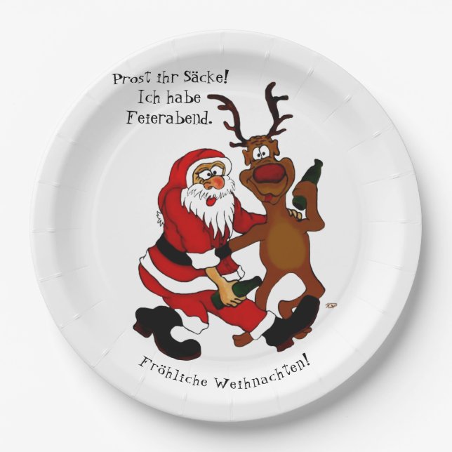 Weihnachtsmann mit Elch - Frohe Weihnachten Pappteller (Vorderseite)