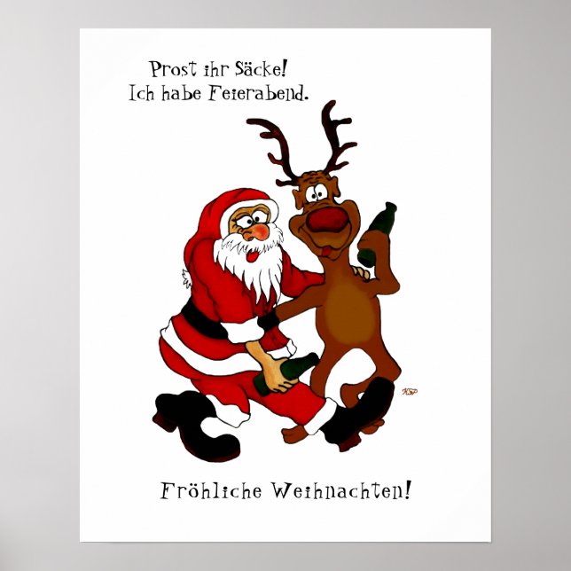 Weihnachtsmann mit Elch - Frohe Weihnachten Poster (Vorne)
