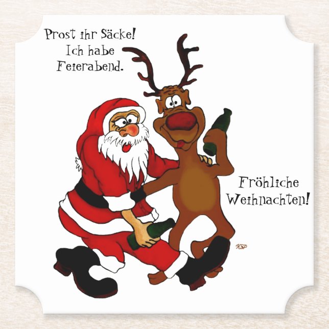 Weihnachtsmann mit Elch - Frohe Weihnachten Untersetzer (Vorderseite)