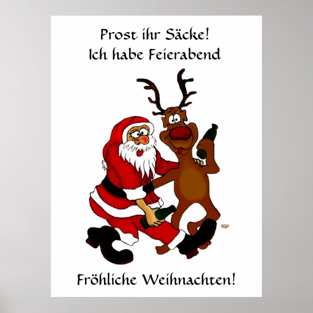 Weihnachtsmann mit Elch - Prost ihr Säcke! Poster (Vorne)