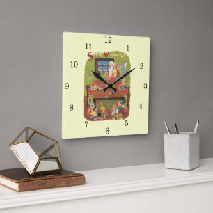 Weihnachtsmann mit Elfen in der Werkstatt im Vinta Quadratische Wanduhr