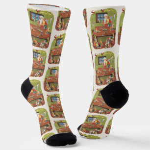 Weihnachtsmann mit Elfen in der Werkstatt im Vinta Socken
