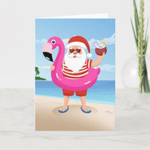 Weihnachtsmann mit Flamingo-Schwimmring Karte