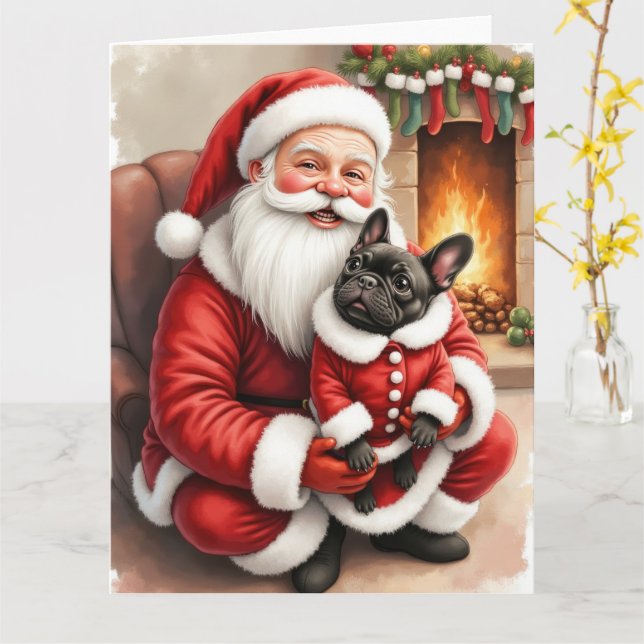 Weihnachtsmann mit Französischer Bulldogge Weihnac Karte (Gelbe Blume)
