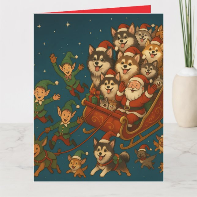 Weihnachtsmann mit fröhlichen Hunden und Elfen! Karte (Vorderseite)
