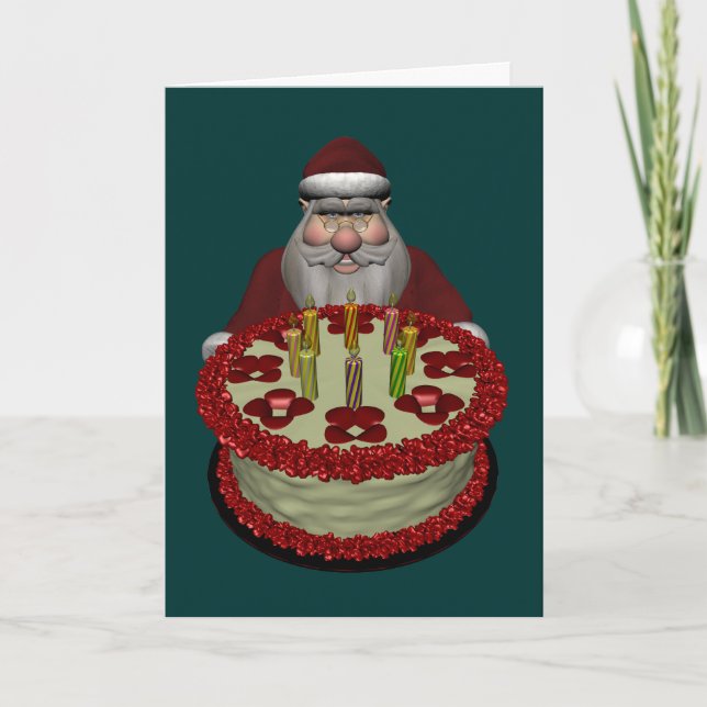 Weihnachtsmann mit Geburtstagskuchen Feiertagskarte (Vorderseite)
