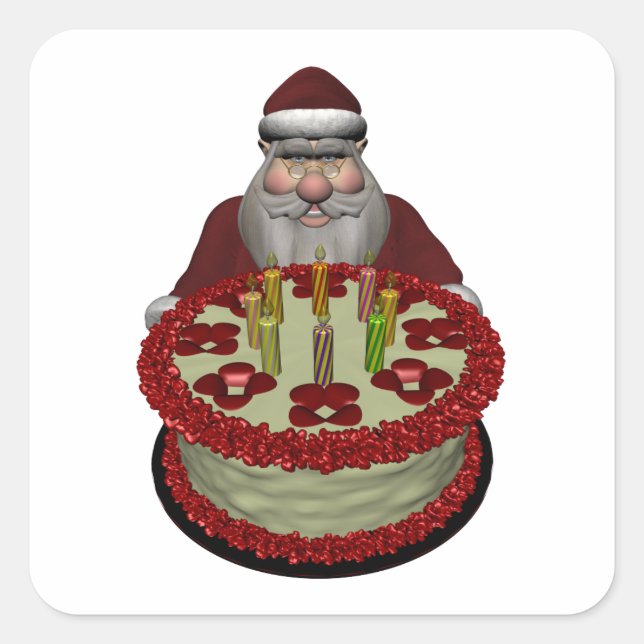 Weihnachtsmann mit Geburtstagskuchen Quadratischer Aufkleber (Vorderseite)