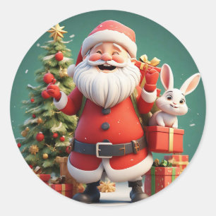 Weihnachtsmann mit Geschenk und Kaninchen Runder Aufkleber