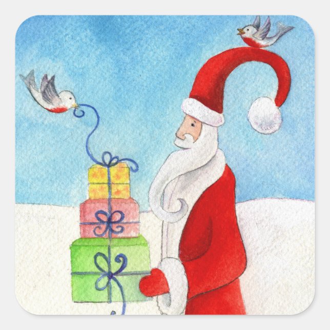 Weihnachtsmann mit Geschenkaufkleber Quadratischer Aufkleber (Vorderseite)