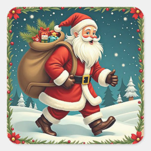 Weihnachtsmann mit Geschenken, schneebedeckter Wal Quadratischer Aufkleber