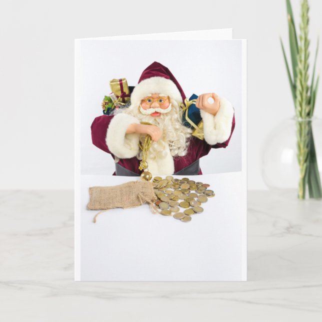 Weihnachtsmann mit Geschenken und Geldmünzen Feiertagskarte (Vorderseite)