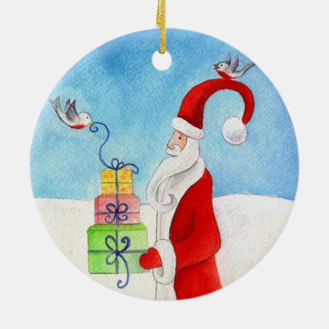 Weihnachtsmann mit Geschenken und Vogelschmuck Keramik Ornament (Hinten)