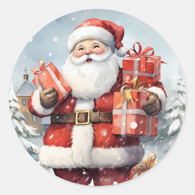 Weihnachtsmann mit Geschenken Winter Runder Aufkleber (Vorderseite)