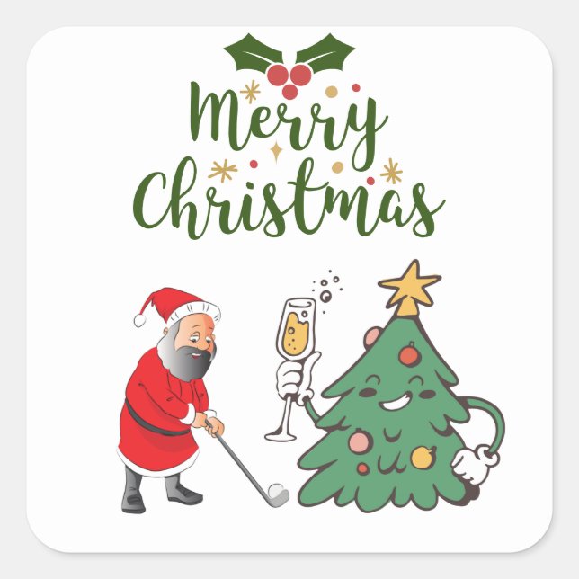 Weihnachtsmann mit Golfball Frohe Weihnachtsgolfer Quadratischer Aufkleber (Vorderseite)