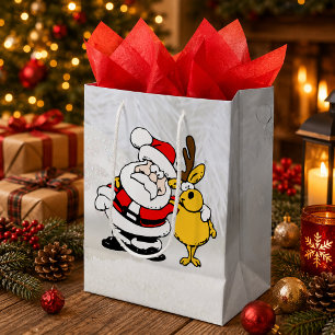 Weihnachtsmann mit Hirsch Cartoon mittelgroße Gesc Mittlere Geschenktüte