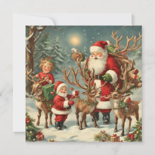 Weihnachtsmann mit Kindern, Rentieren und Geschenk Karte