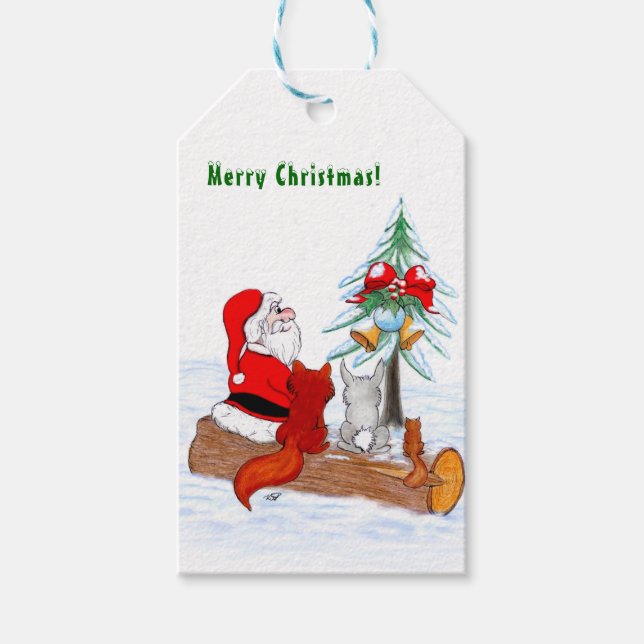 Weihnachtsmann mit Rabbit Fox und Eichhörnchen Geschenkanhänger (Vorderseite)
