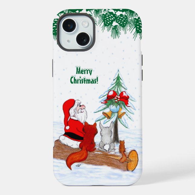 Weihnachtsmann mit Rabbit Fox und Eichhörnchen iPhone 15 Plus Hülle (Rückseite)