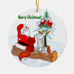 Weihnachtsmann mit Rabbit Fox und Eichhörnchen Keramik Ornament