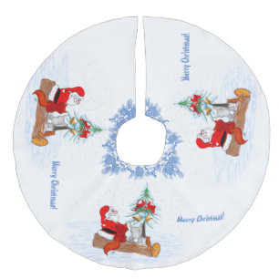 Weihnachtsmann mit Rabbit Fox und Eichhörnchen Leinenimitat Weihnachtsbaumdecke