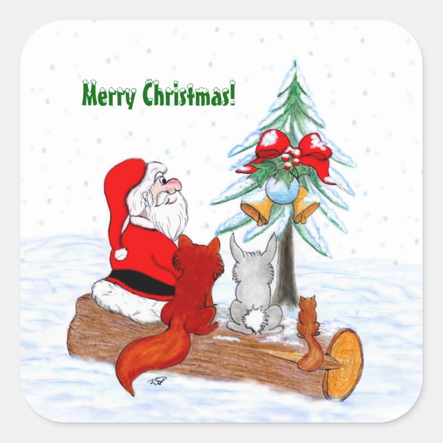Weihnachtsmann mit Rabbit Fox und Eichhörnchen Quadratischer Aufkleber (Vorderseite)