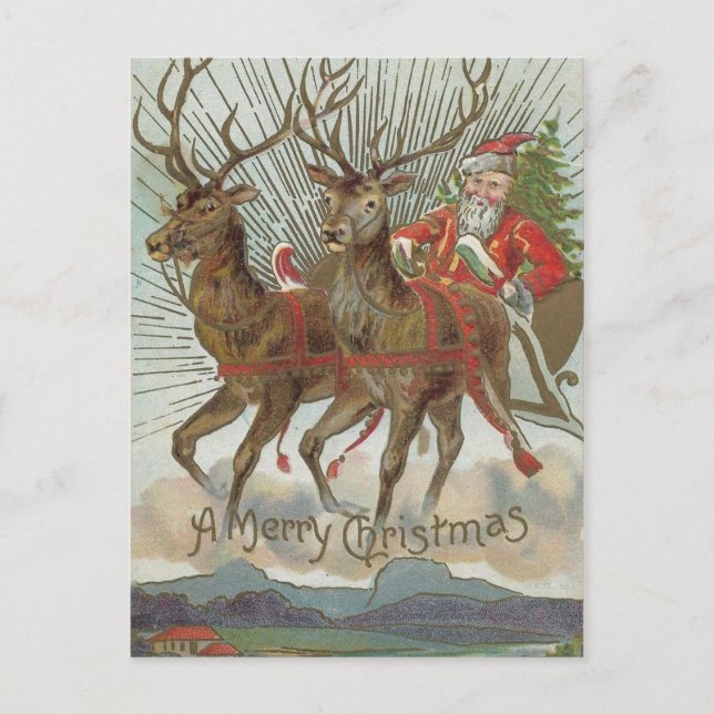 Weihnachtsmann mit Rentier Vintage Weihnachtskarte Feiertagspostkarte (Vorderseite)