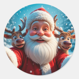 Weihnachtsmann mit Rentieren feiert Weihnachten Runder Aufkleber