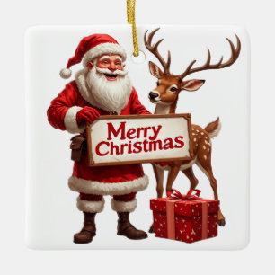 Weihnachtsmann mit Rentieren und Frohe Weihnachten Keramikornament