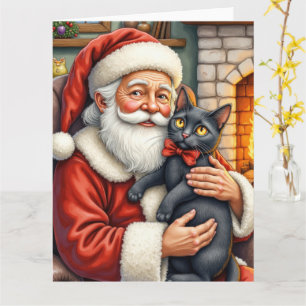 Weihnachtsmann mit schwarzer Katze - Weihnachtskun Karte