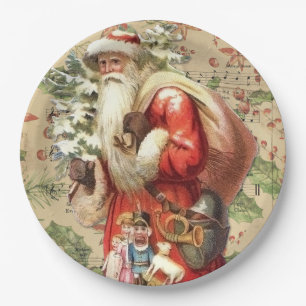 Weihnachtsmann mit Spielzeug und Weihnachtsbaum im Pappteller