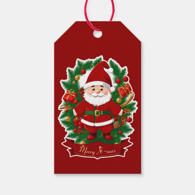 Weihnachtsmann mit Tannenzweigen -  Geschenkanhänger (Vorderseite)
