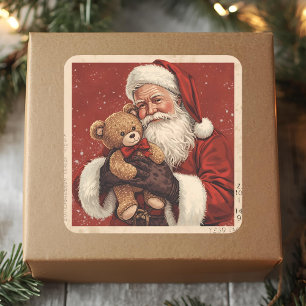 Weihnachtsmann mit Teddybär im Vintage-Stil Quadratischer Aufkleber
