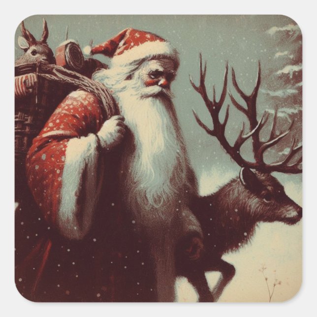 Weihnachtsmann mit Vintager Illustration von Renti Quadratischer Aufkleber (Vorderseite)