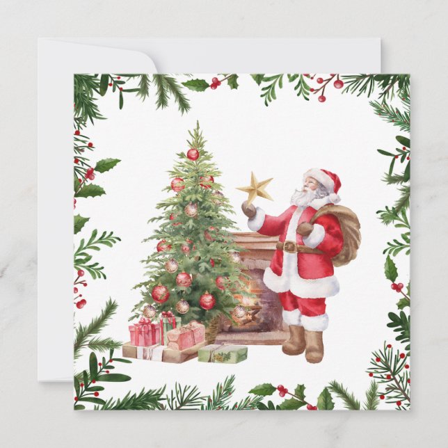 Weihnachtsmann mit Weihnachtsbaum Feiertagskarte (Vorderseite)