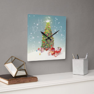 Weihnachtsmann mit Weihnachtsbaum Quadratische Wanduhr