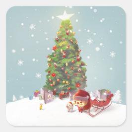 Weihnachtsmann mit Weihnachtsbaum Quadratischer Aufkleber