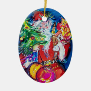 WEIHNACHTSMANN MIT WEIHNACHTSBAUM UND GESCHENKE KERAMIKORNAMENT