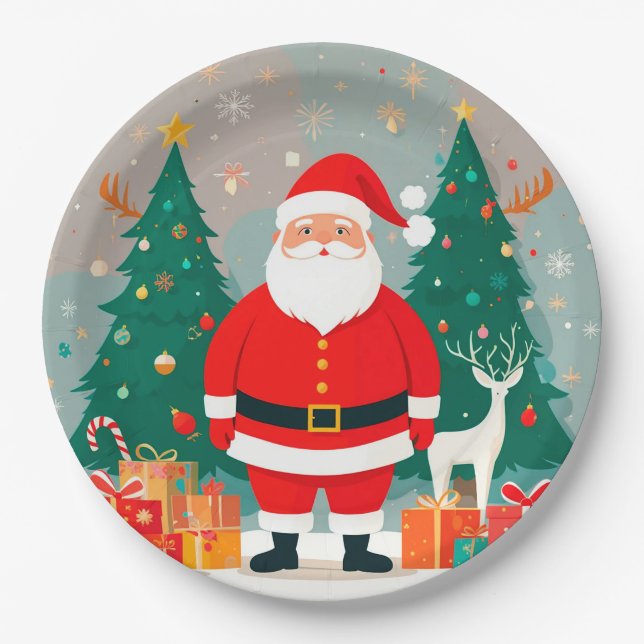Weihnachtsmann mit Weihnachtsbaum und Geschenken Pappteller (Vorderseite)